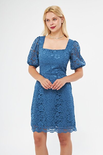 Bidoluelbise Rochie de seară mini din dantelă franceză albastră din denim