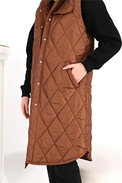 modanilay Nills Women's Long Snap Detailed Quilted Puffer Vest Nills00002