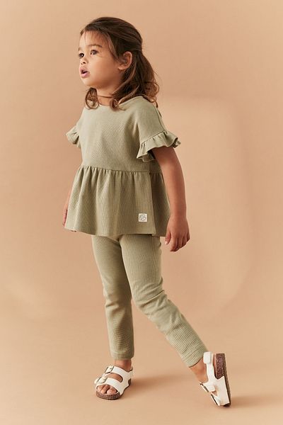 Next Baby 100% Cotton Green Waffle Short Sleeve Tights Aşt Top Set