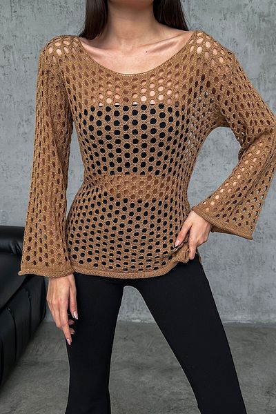 nosia fashion Γυναικεία μπλούζα παραλίας από διχτυωτό ισπανικό μανίκι Camel