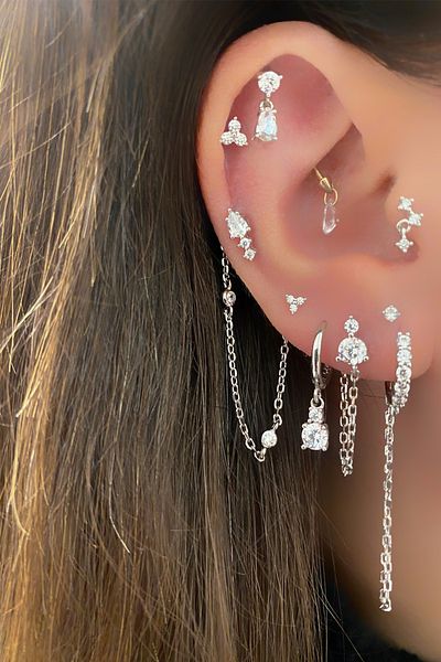 La femme by begum Two Fixed One Dangle Solitaire Silver Back Ball Spin Piercing,helix,flat,conch,tragus etc