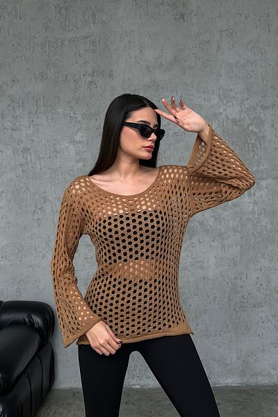 nosia fashion Γυναικεία μπλούζα παραλίας από διχτυωτό ισπανικό μανίκι Camel