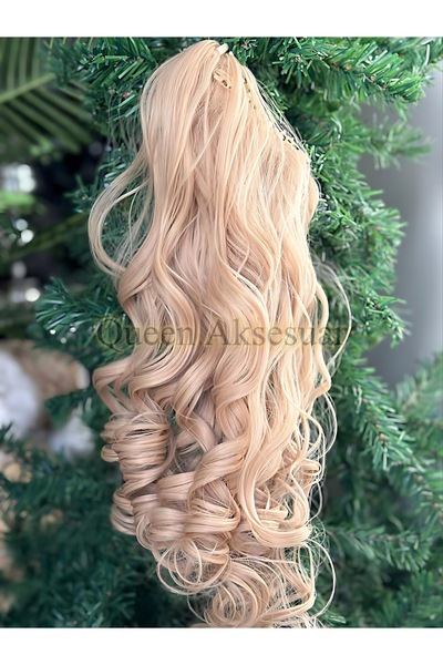 QUEEN AKSESUAR lüks trend uzun bukleli dalgalı kıvırcık at kuyruğu fiber mandal tokalı postiş küllü sarı 8885