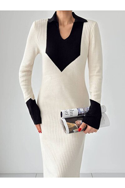Lusin Women's Long Sleeve Midi Knitwear Dress with Collar and Sleeve Detail - White
