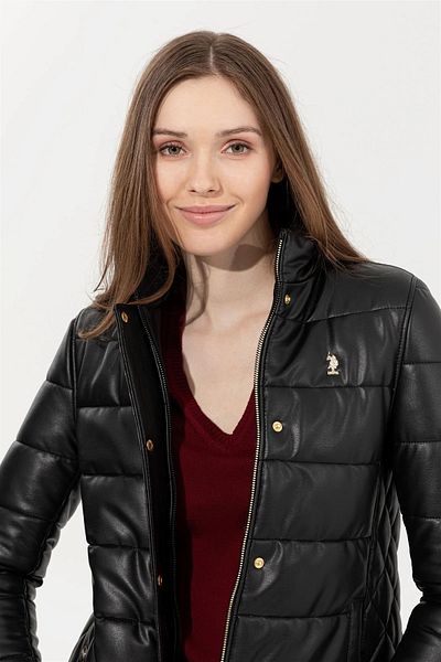 U.S. Polo Assn. Jachetă neagră de damă din piele artificială