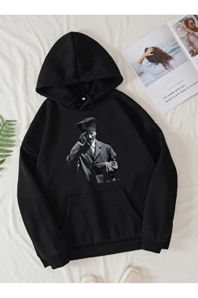 donamod Unisex Siyah Mustafa Kemal Atatürk Göğüs Baskılı Tasarım Türk Kapüşonlu Sweatshirt