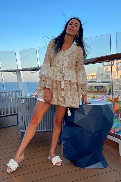 ASHCO Krem Güpür Ithal Önü Bağlamalı Astarlı Design Hırka