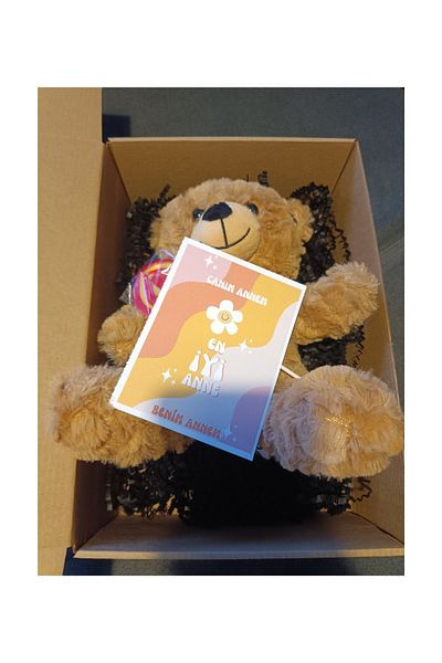 Nostalji Kutusu Candy Toy Plush Bear 25 cm & Design Card Happy Gift Box