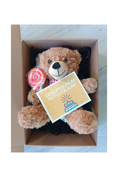 Nostalji Kutusu Candy Toy Plush Bear 25 cm & Design Card Happy Gift Box