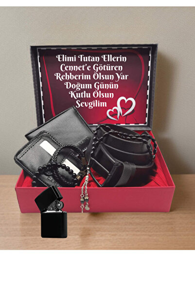 Sionar Siyah Renk Erkek Cüzdan Kemer Kartlık Bileklik Çakmak Tesbih Seti Sevg...