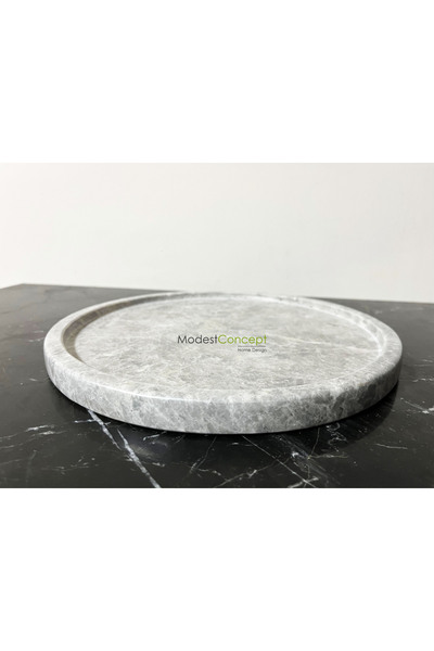 Modestmar Doğal Gri Mermer Yuvarlak Tepsi, Gri Mermer Düzenleyici, Gri Mermer Tepsi 28cm, Gri Mermer Tabak