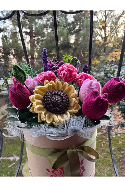 çınar kadın kooperatifi Örgü Ayçiçeği Lale Karanfil Lavanta Buketi,Solmayan Ç...