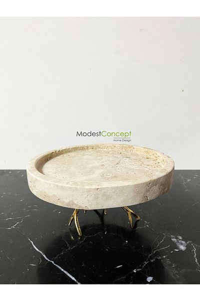 Modestmar عرض أرجل رخامية من الترافرتين الطبيعي، صينية أرجل رخامية ذهبية 20 سم