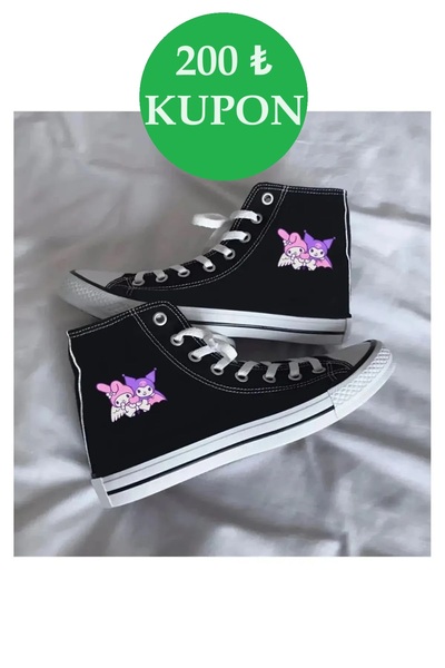 Ymn ayakkabı Günlük Keten Bilekli My Melody & Kuromi Baskılı Siyah Uzun Convers Sneaker Canvas Spor Ayakkabı
