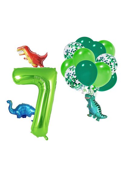 Patladı Gitti 7 Year Old Dinosaur Set; Number Foil, 3 Mini Dinosaurs and 10 Balloons