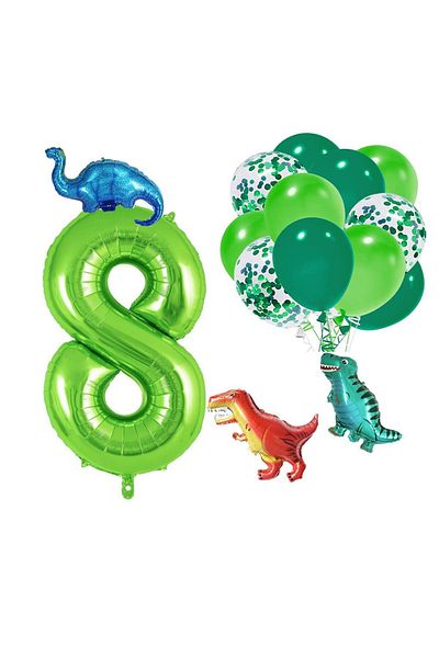 Patladı Gitti 8-Year-Old Dinosaur Set; Number Foil, 3 Mini Dinosaurs and 10 Balloons