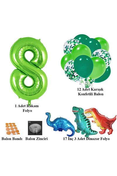 Patladı Gitti 8-Year-Old Dinosaur Set; Number Foil, 3 Mini Dinosaurs and 10 Balloons