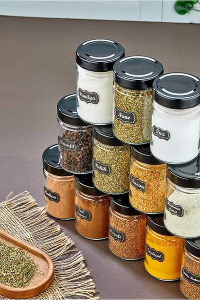 ŞAKİLATA CONCEPT 12-Piece Labeled Glass Spice Jar Set 350 Ml Luxury Glass Jar (With Label Gift)