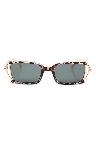TomyHelf Leopard Frame Smoked Glass Metal Gold Handle Rectangular Women's Sunglasses