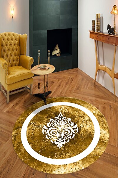 Bely Home Bely Dijital Baskılı Kaymaz Taban Yıkanabilir Varak Desenli Gold Yu...