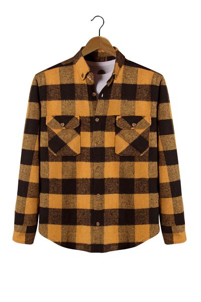 Terapi Men Mustard Regular Fit Shirt Collar Plaid Double Pocket Lumberjack Shirt