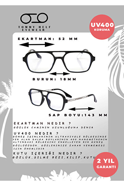 TomyHelf Siyah Çerçeve Mavi Işık Korumalı Dikdörtgen Kadın Gözlük
