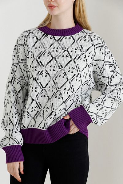 VEGENZE Women's Ecru Black Geometric Patterned Oversize Thick Knitwear Sweater