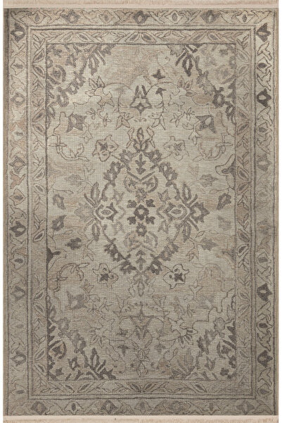 Rugs Modern Halı Gri Bej Temalı Geleneksel Motif Çiçek Desenli Saçaklı Vintag...