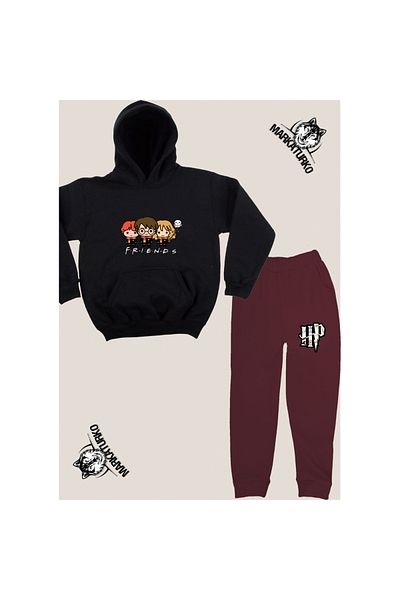 MarkaTurko printed unisex Custom Design Cotton black-burgundy children's tracksuit 5050-45S