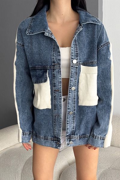 FEMELLE Jachetă de blugi de denim detaliată pentru tricotaj de mărime standard pentru femei