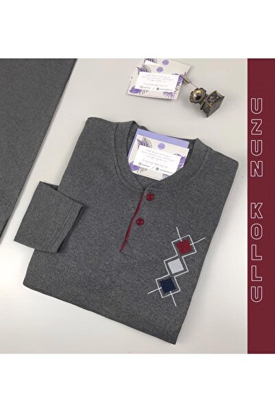MEBA Erkek Interlok Kumaş Yaka Iki Düğmeli Kışlık Kalın Antrasit Pijama Takımı