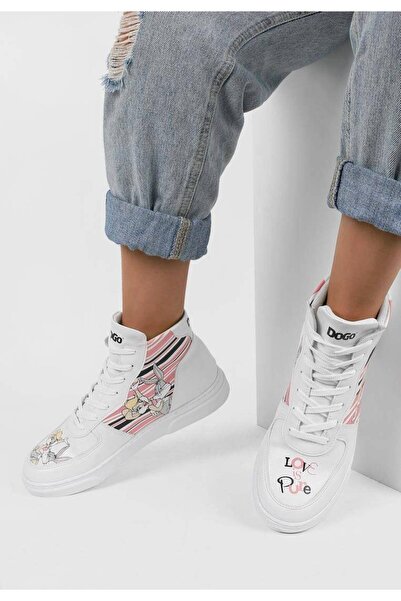 Dogo Women's Vegan Leather White High Sneakers - Warner Bros Love Is Pure Bugs Bunny Design