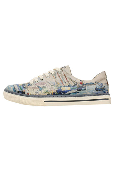 Dogo Women's Vegan Leather Beige Sneakers - Watercolor And Sailors Design