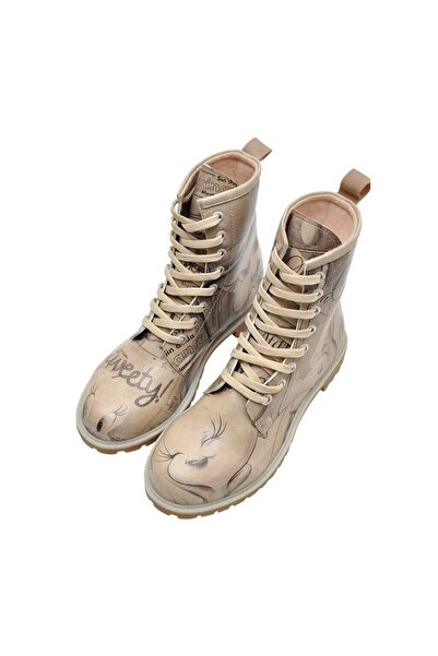 Dogo Γυναικείες Vegan Δερμάτινες Μπεζ Μακριές Μπότες - Warner Bros Tweety Sketch Design