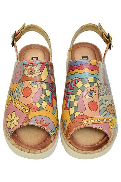 Dogo Sandale de damă din piele vegană, multicolore, cu talpă groasă - Design artistic