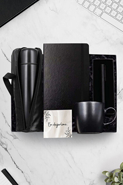 Trendmiya 500 ML Deri Çantalı Termos & Siyah Kupa & Siyah Defter & Siyah Roll...