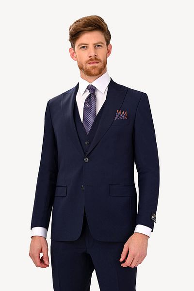 Ysf Men's Navy Blue Pointed Collar Slim Fit Vest Suit