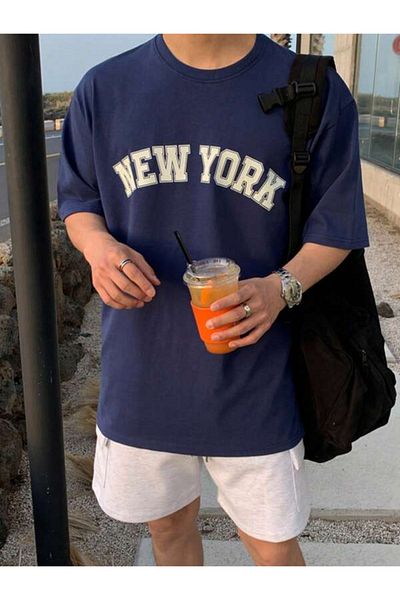 trendgar unisex newyork printed navy blue oversize T-shirt