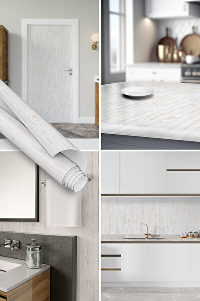 Dekoros Beyaz Ahşap Parke Görünümlü Yapışkanlı Folyo, Duvar Ve Mobilya Kaplama Kağıdı 45x500cm 0134