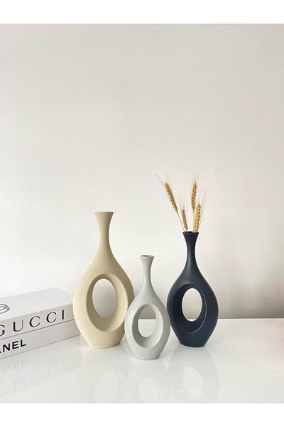 stilinbu Set de 3 vaze ceramice boeme hitite - H253035 (bej-negru-gri)