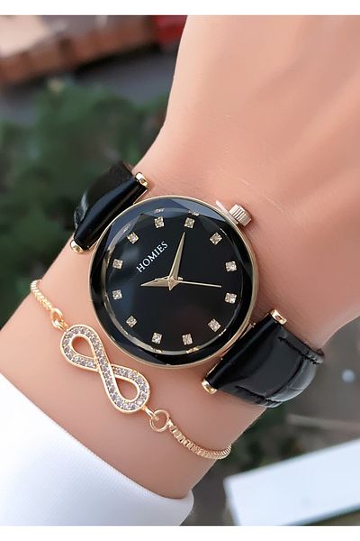 Homies HOMİES BRAND BLACK LEATHER WOMEN'S WATCH WITH BRACELET GIFT
