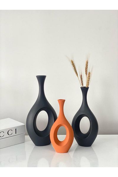 stilinbu Vază ceramică boemă hitită - set de 3 H253035 (negru-negru-cărămidă)