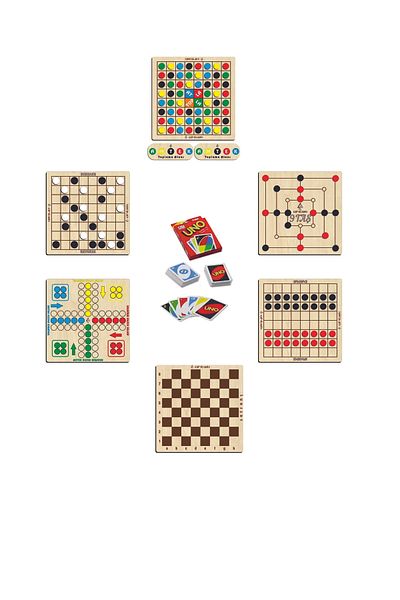 Ahtek Wooden Intelligence Game Set 7 Pieces Chess + 9 Pieces + Checkers + Horses T. + Ludo+ Reversi + Uno Cards