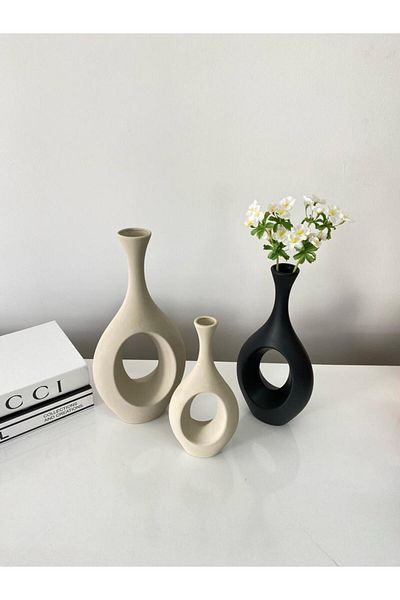 stilinbu Set de 3 vase din ceramică Bohemian Hitit - H 253035   (Bej-Negru-Bej)
