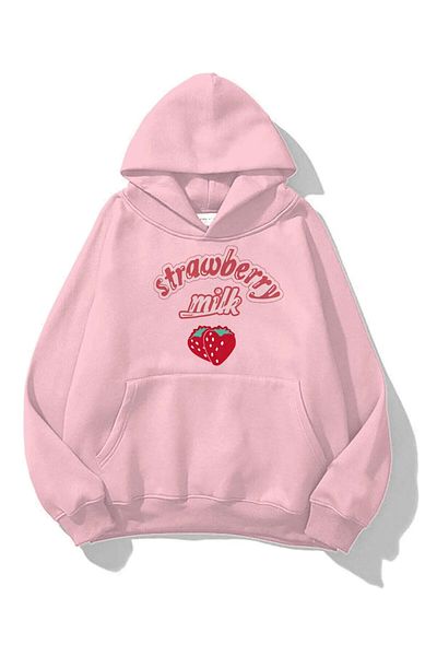 Gofeel Harajuku 3 Thread Strawberry Milk Detail Oversize Unisex Φούτερ