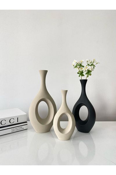 stilinbu Set de 3 vase din ceramică Bohemian Hitit - H 253035   (Bej-Negru-Bej)