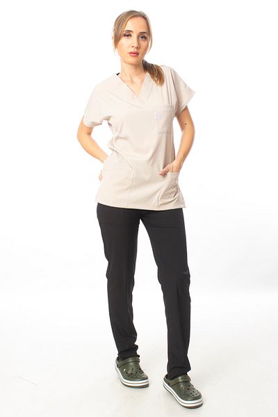 Simirna Üniforma Premium ύφασμα Lycra Surgical Doctor Nurse Top Cream Κάτω Μαύρο Σετ Τζέρσεϊ