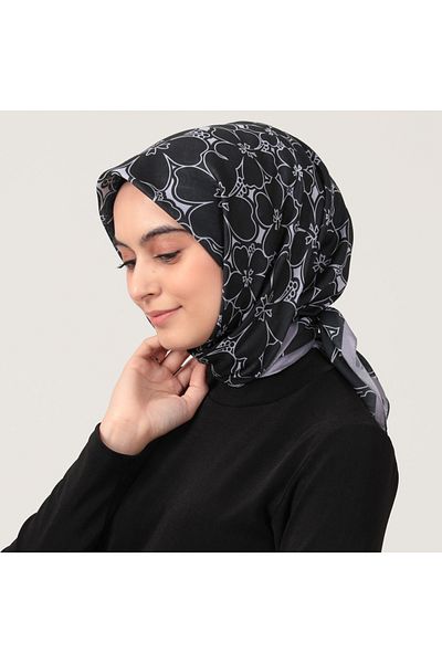 ipekistanbul Βαμβακερό μεταξωτό κασκόλ - Μοτίβο τριφυλλιού - Μαύρο Γκρι