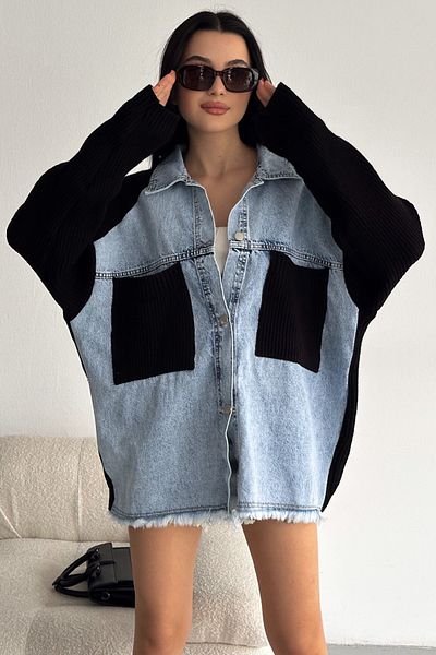 FEMELLE Cardigan cu mâneci și buzunare, blugi oversize din denim de damă