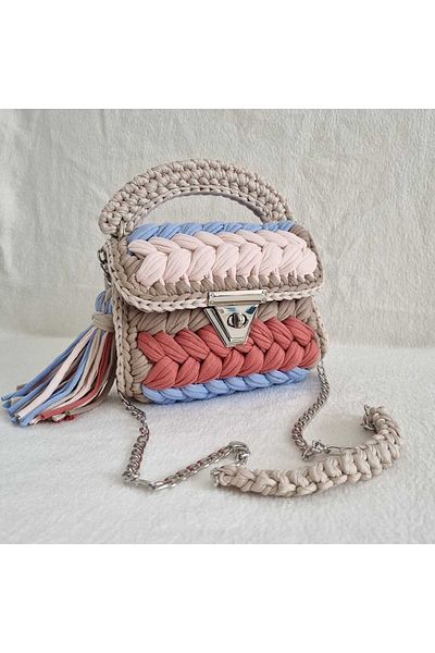 CHQEL Women's Powder Cream Gray Peanut Model Handmade Crochet Combed Cotton Thread Bag & Hand, Shoulder and Cross